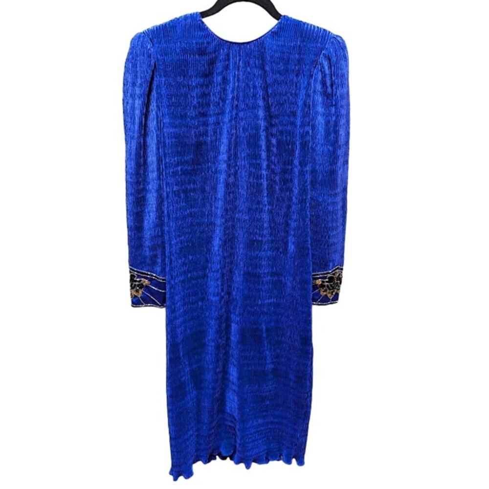 Vintage Nuit Micro Pleat Cocktail Arm cuff Sequin Dress Size 8 Blue Long Sleeve